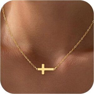 Cross Sideway Cross Brass Necklace for Women  Christian Religious Faith Necklace